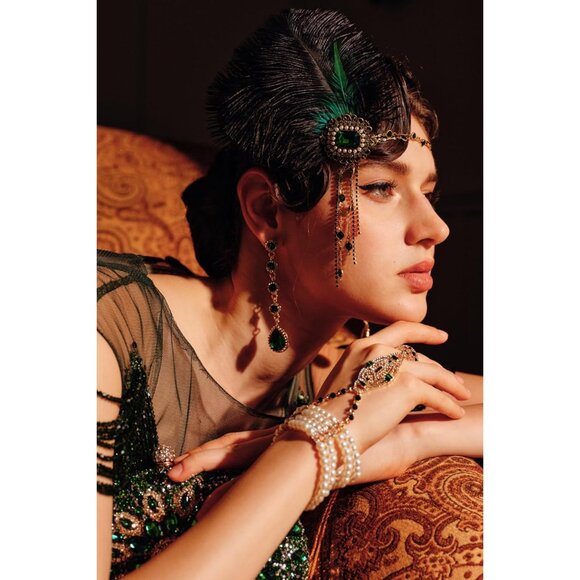 1920s Flapper Headband Beaded Feather Costume Accessory for Gatsby Style - Picture 4 of 6